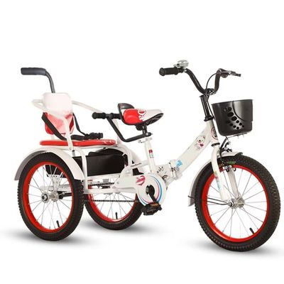 Folding Toddler Pedal Tricycle for Aged 3-10 Years Old,Children Large Tricycle with Rear Push Rod and armrest,Tandem Rickshaw trikes with Large Rear seat,3 Wheeled Cruiser Bike