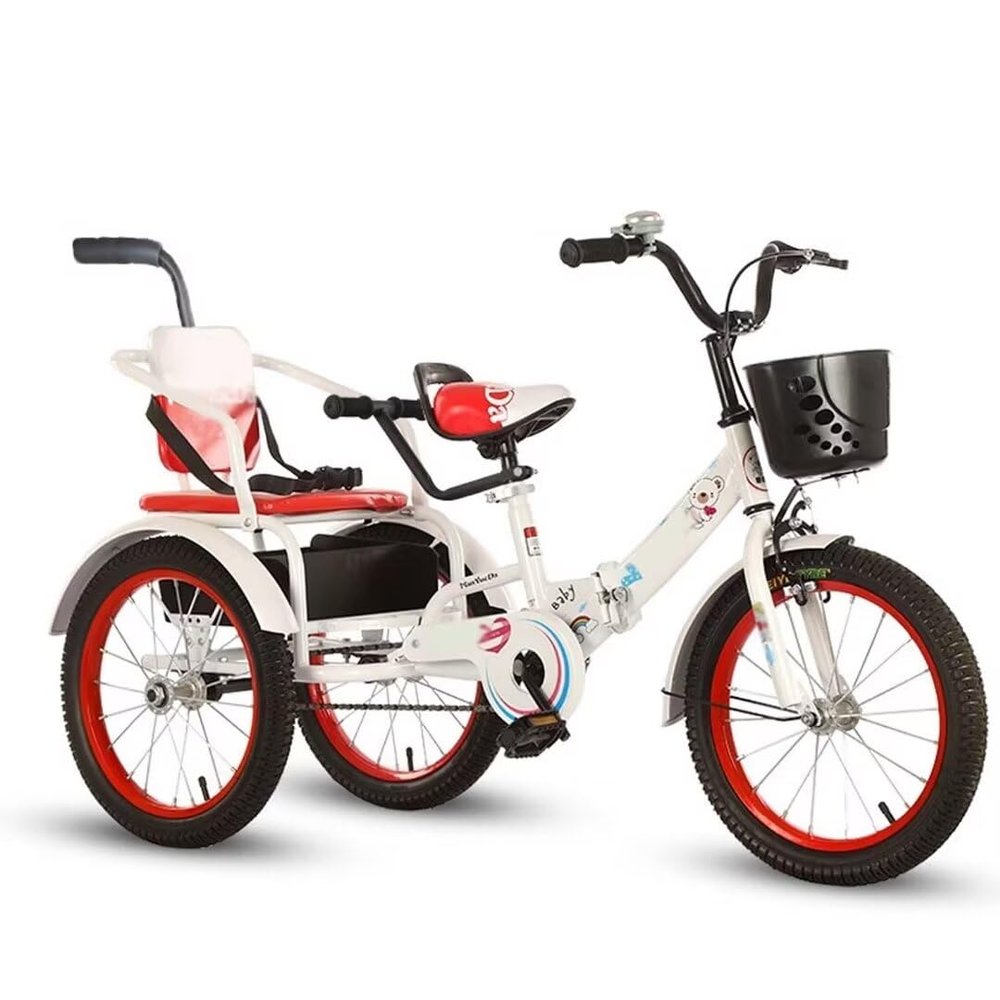Folding Toddler Pedal Tricycle for Aged 3-10 Years Old,Children Large Tricycle with Rear Push Rod and armrest,Tandem Rickshaw trikes with Large Rear seat,3 Wheeled Cruiser Bike