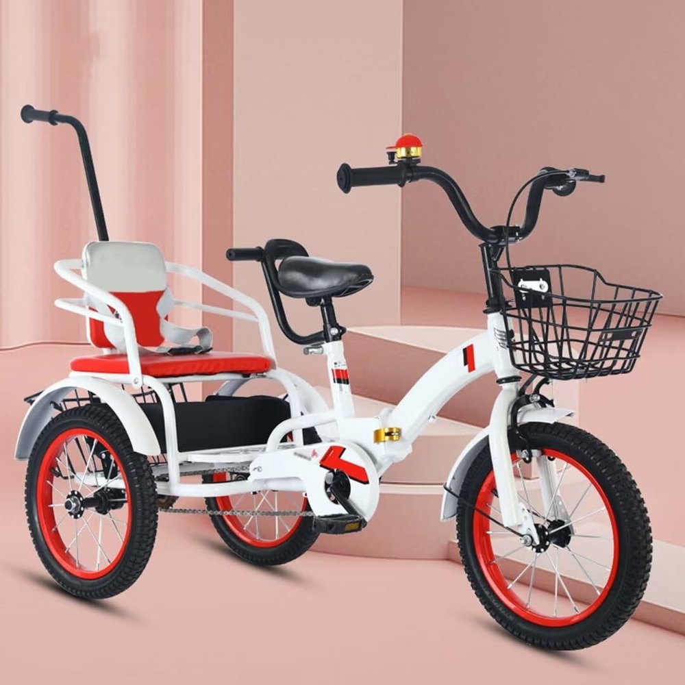 Folding Toddler trikes with Parent Handle,3-10 Years Tandem tricycles with Rear Passenger seat,Height Adjustable Saddle with armrest,3 Wheeler Pedal Rickshaw trikes with Pneumatic tire Spoke Wheel