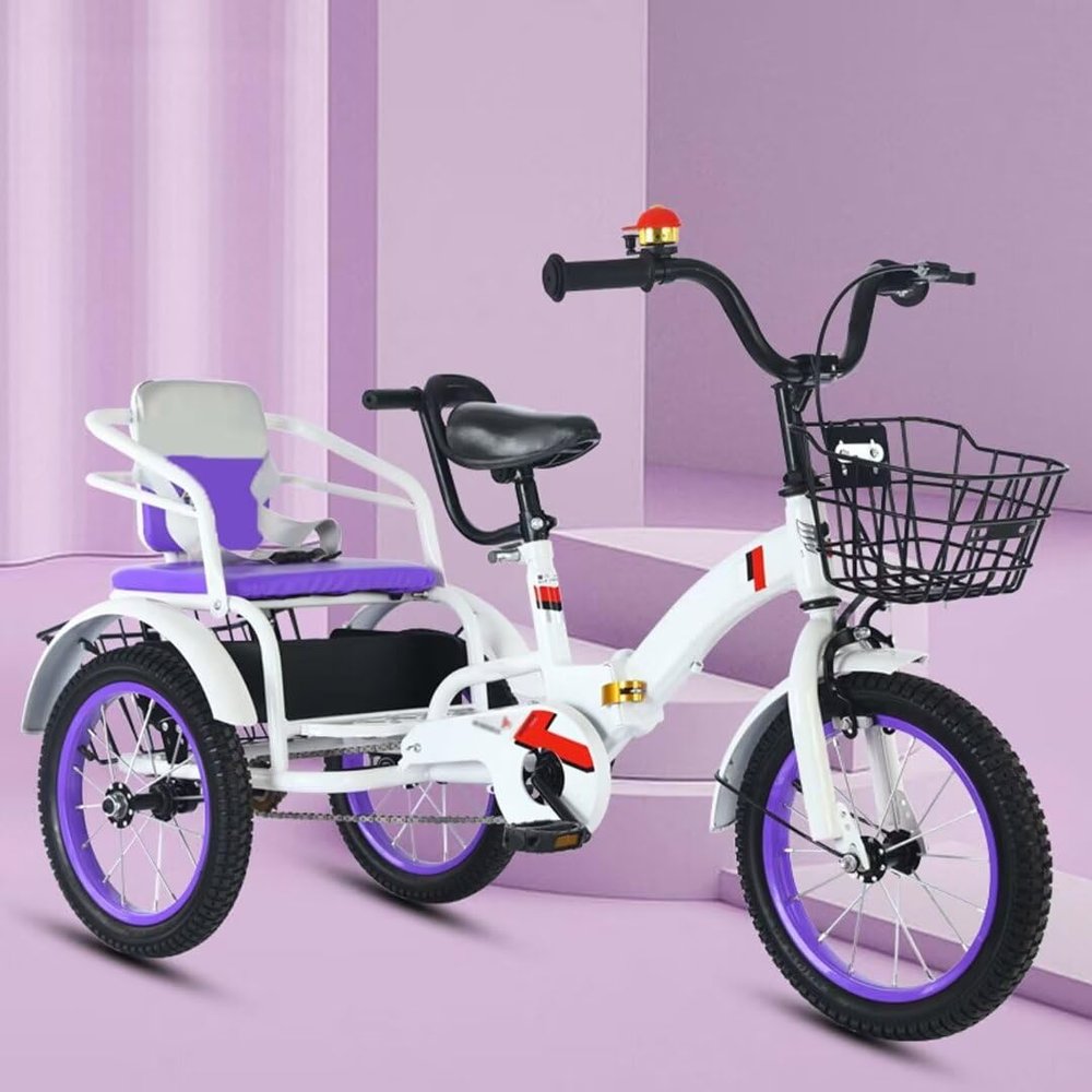 Folding Cruiser Trike for Aged 3-10 Years,Toddler Tandem Tricycle with Rear Passenger seat,3 Wheeler Pedal Rickshaw trikes with Pneumatic tire Spoke Wheel,max Load 100kg Toddler trikes