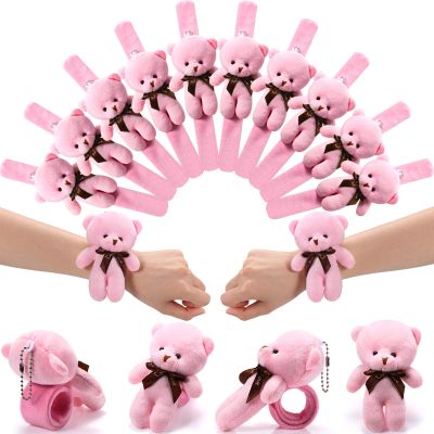 Ceenna 16 Pcs Bear Stuffed Animal Slap Bracelets Plush Party Favors Slap Bracelets Bulk 8.66 Inch Wristband for Gift Bag Fillers Classroom Prize Halloween Wedding Birthday Baby Shower, Pink