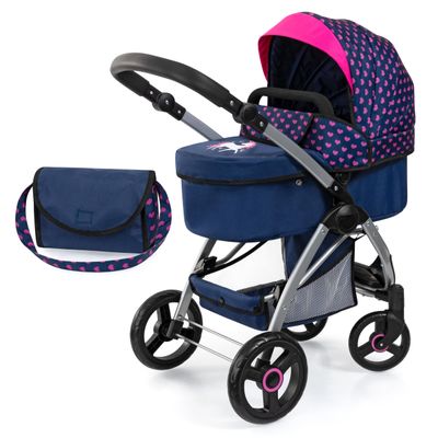 Bayer Design 17554AA City Max Doll Pram with Bag, Height Adjustable, Front Swivel Castors, Convertible to Buggy with Integrated Basket
