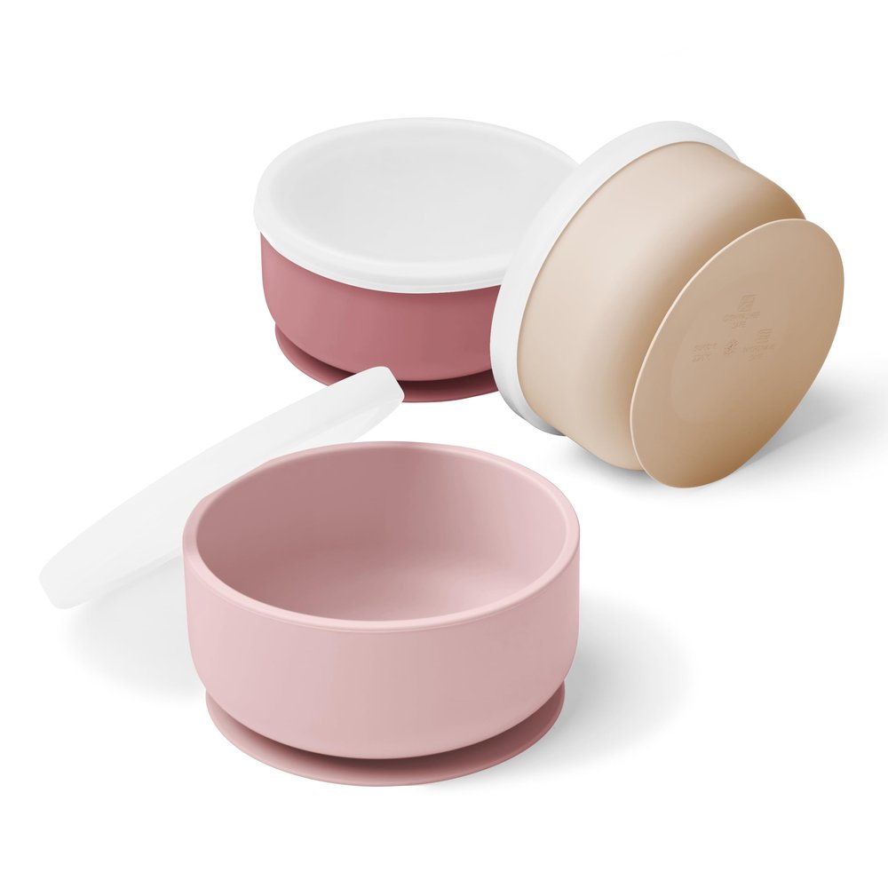 Navik | Silicone baby bowls with suction | toddler bowls | baby bowls with lids | pink and beige, Regular