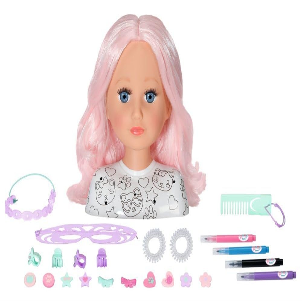 BABY born Styling Head Artist, Hairdressing Head for Styling with Face Stencil, Pens, Pink Hair and Over 20 Accessories, for Children Aged 3+, 836033 Zapf Creation