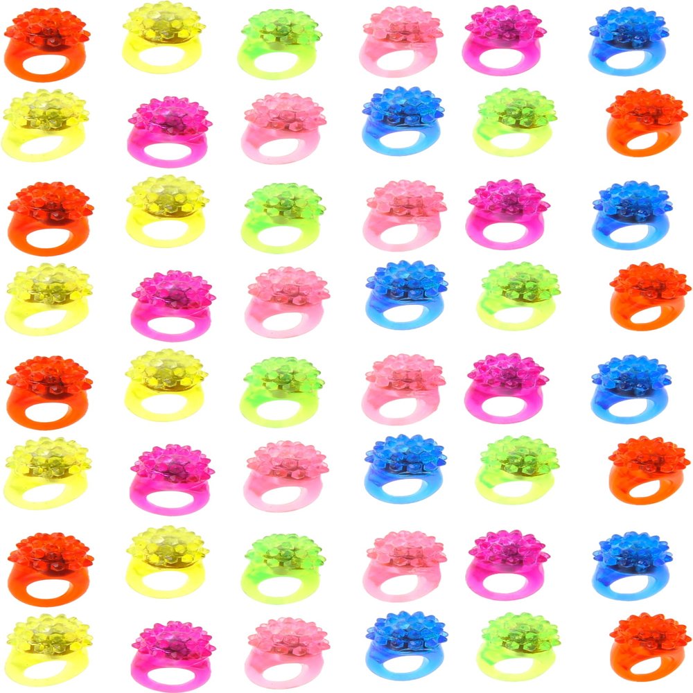 PowerTRC 48 Pack Flashing LED Light Up Jelly Rubber Rings Finger Toys for Kids | Colorful Bulk Event, Birthday, Rave, Concert, Party Favors Gifts Idea