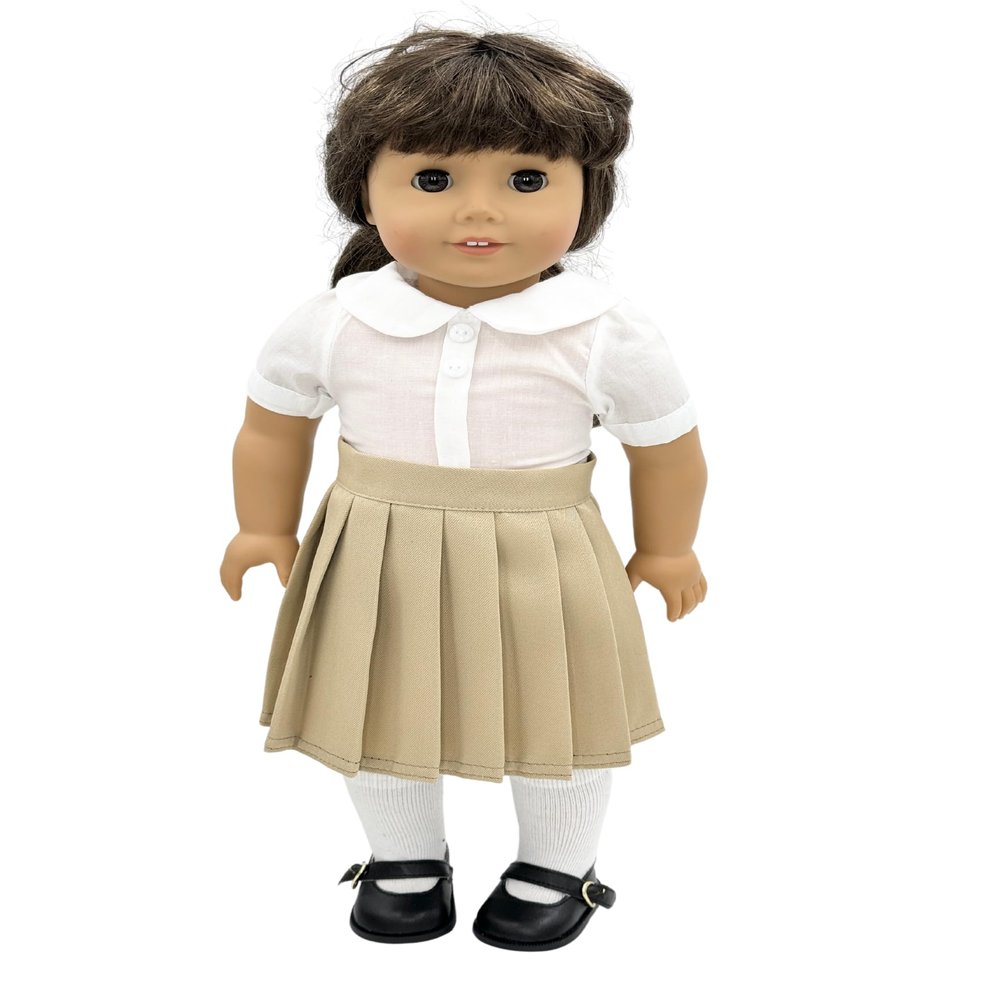 18 inch Doll Outfit-School Plaid Jumper include Blouse and Hair Accessory/Add on Option: Sock and Shoe (Doll is not included) (Pleated Skirt Set,White Sock,Matte Black Shoe, Solid Khaki)