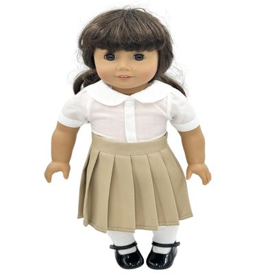 18 inch Doll Outfit-School Plaid Jumper include Blouse and Hair Accessory/Add on Option: Sock and Shoe (Doll is not included) (Pleated Skirt,White Sock, Shiny Black Shoe, Solid Khaki)