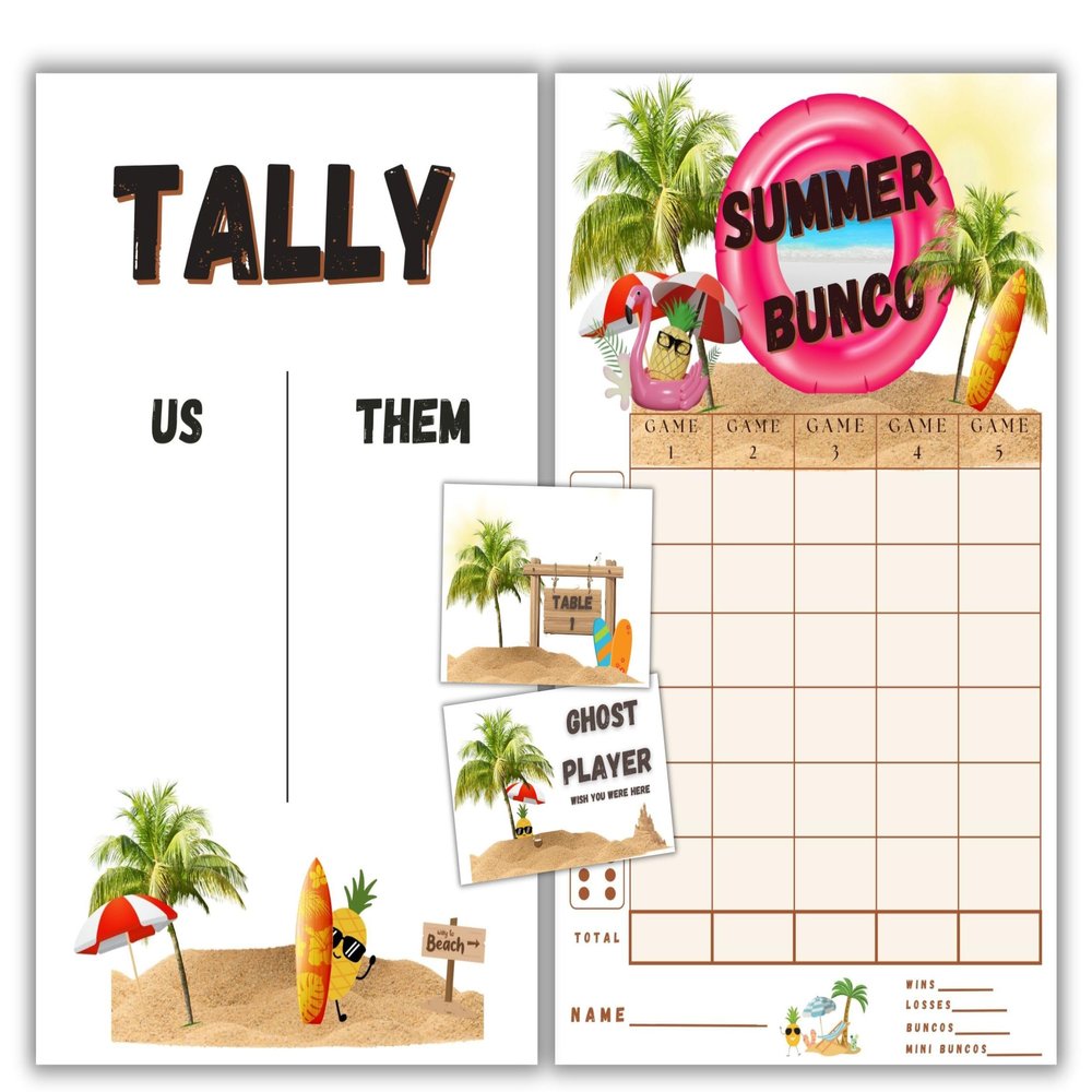 Summer Bunco - June July Beach Bunco - Bunco Score Sheets - Pool Themed Bunco - Scorecards - Tally Sheets - Ghost Player - Bunco Babes - Bunco Game Kit for Game Night Party