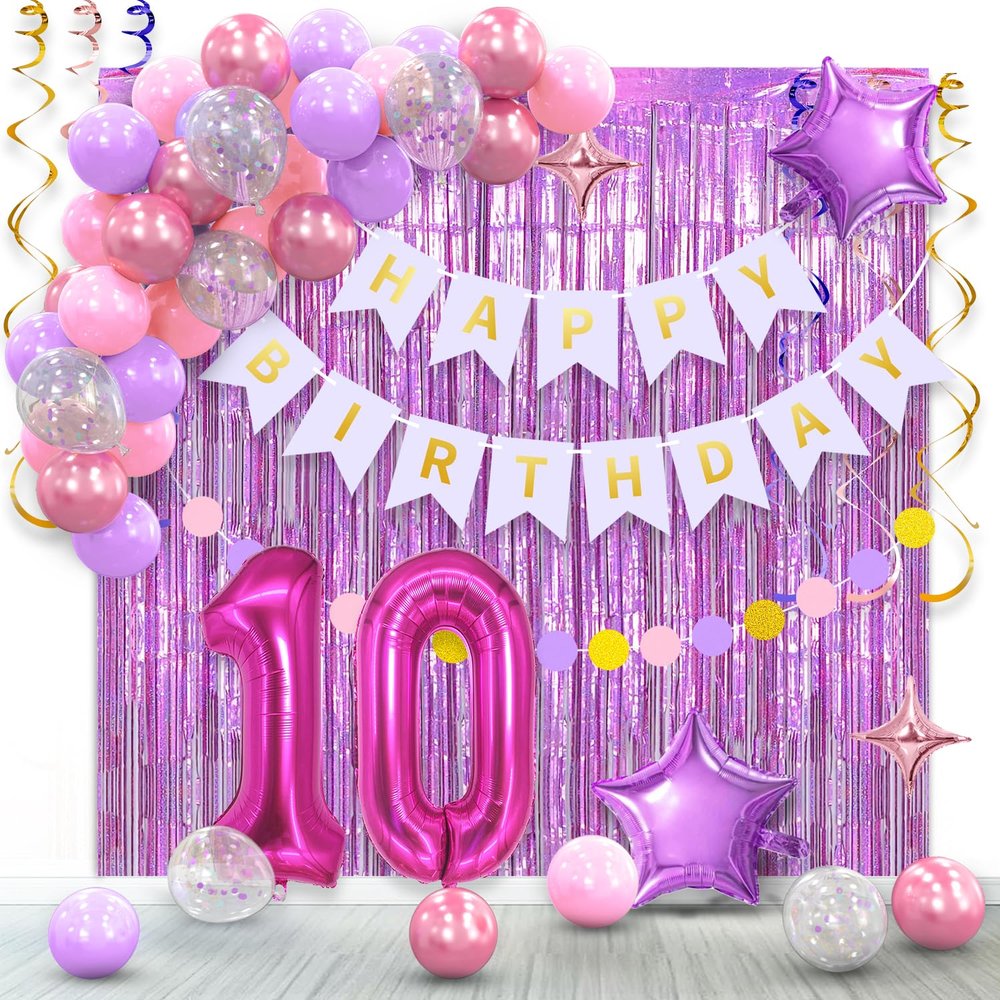 10th Birthday Decorations for Girls Pink Purple - Double Digits Party Supplies,10 Year Old Ten Birthday Decor, Happy Birthday Banner, Foil Backdrops,Garland,Number 10 Balloons.