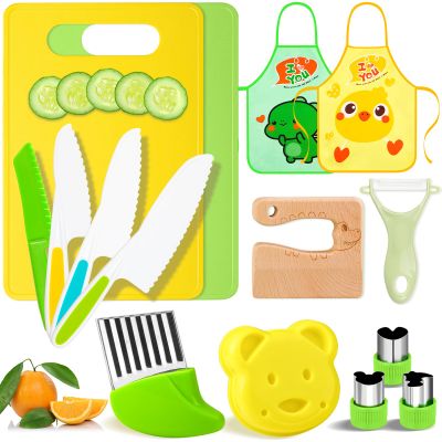 HAIMST 15 PCS Montessori Kitchen Tools, Toddler Knife Set for Real Cooking Kids Kitchen Knife Wooden Safe Knife Serrated Edges Plastic Toddler Knife Cutting Board Aprons Crinkle Cutters