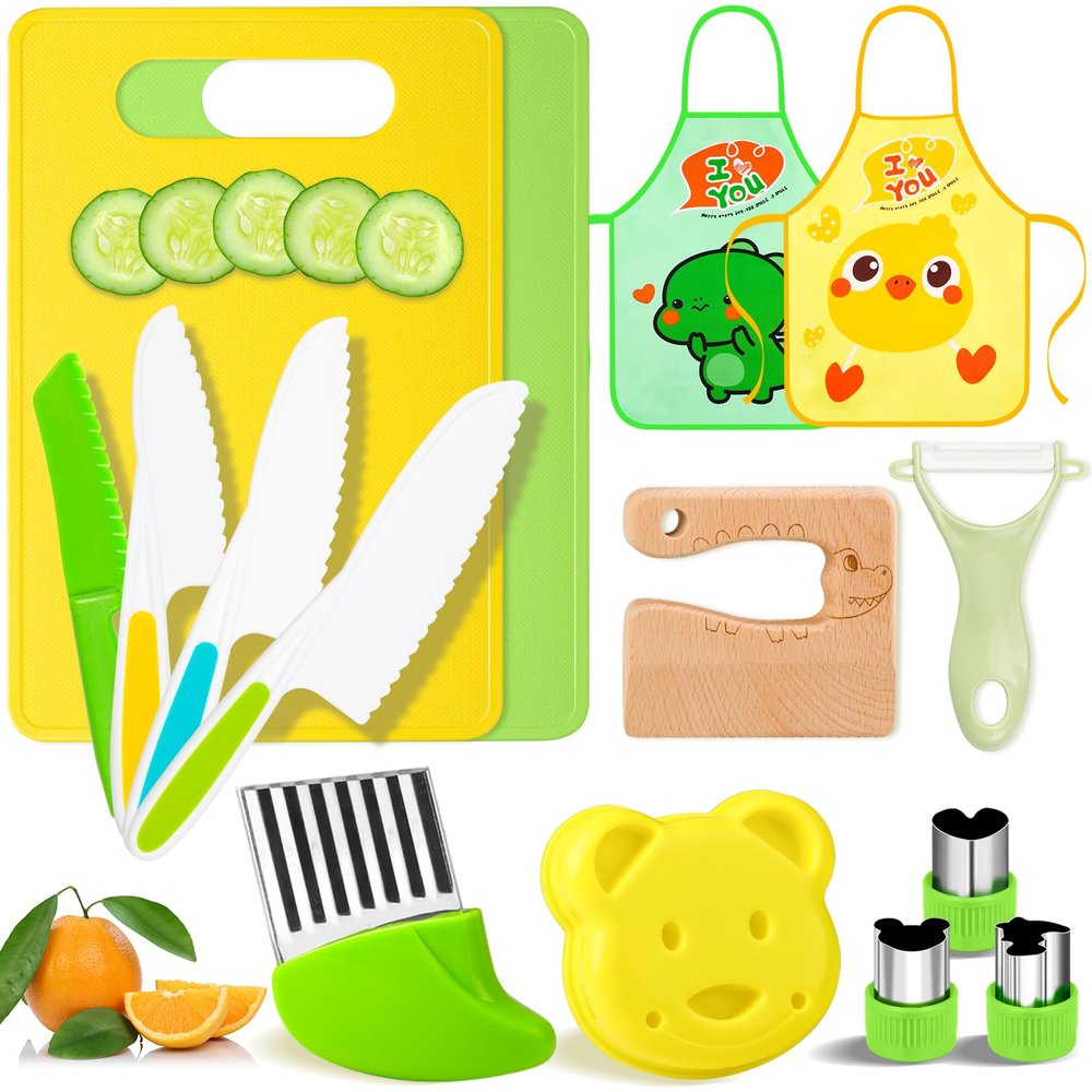 HAIMST 15 PCS Montessori Kitchen Tools, Toddler Knife Set for Real Cooking Kids Kitchen Knife Wooden Safe Knife Serrated Edges Plastic Toddler Knife Cutting Board Aprons Crinkle Cutters