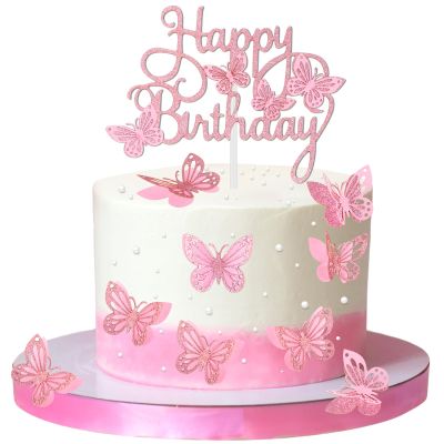 13 Pcs Pink Butterfly Cake Decorations 3D Pink Happy Birthday Cake Topper Birthday Cakes Toppers Butterfly Cupcake Topper for Girls Women Butterflies for Party Wedding Cakes Decor
