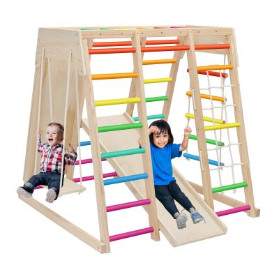 EDOSTORY 7 in 1 Pikler Indoor Playground Jungle Gym Playset, Wooden Montessori Climber with Slide, Rock Climb Wall, Monkey Bars, Rope Ladder, Climbing Rope and Swing for KidsRainbow