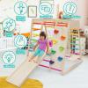 EDOSTORY 7 in 1 Pikler Indoor Playground Jungle Gym Playset, Wooden Montessori Climber with Slide, Rock Climb Wall, Monkey Bars, Rope Ladder, Climbing Rope and Swing for KidsRainbow view 4