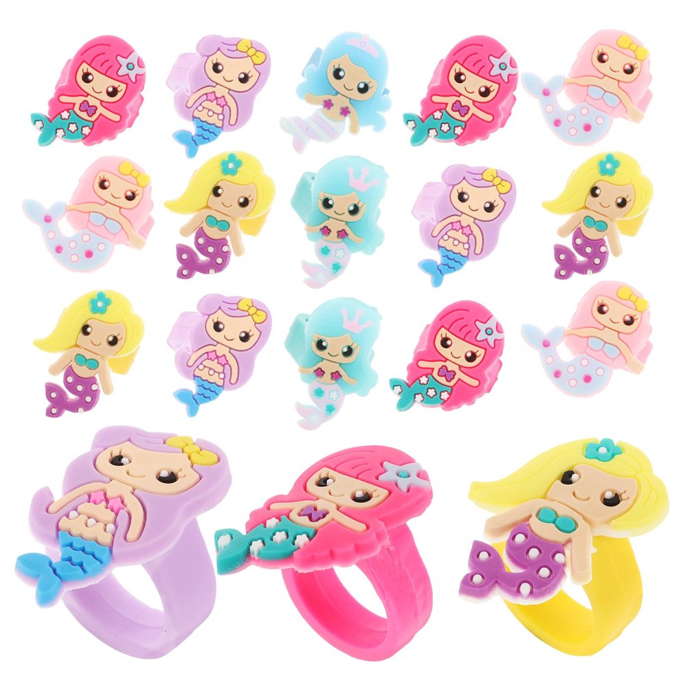 Vaguelly 24Pcs Little Girls Mermaid Rings Assorted Color Rings Toy Decorative for Kids Birthday Party and Pretend Play Accessories for Children, Random Color
