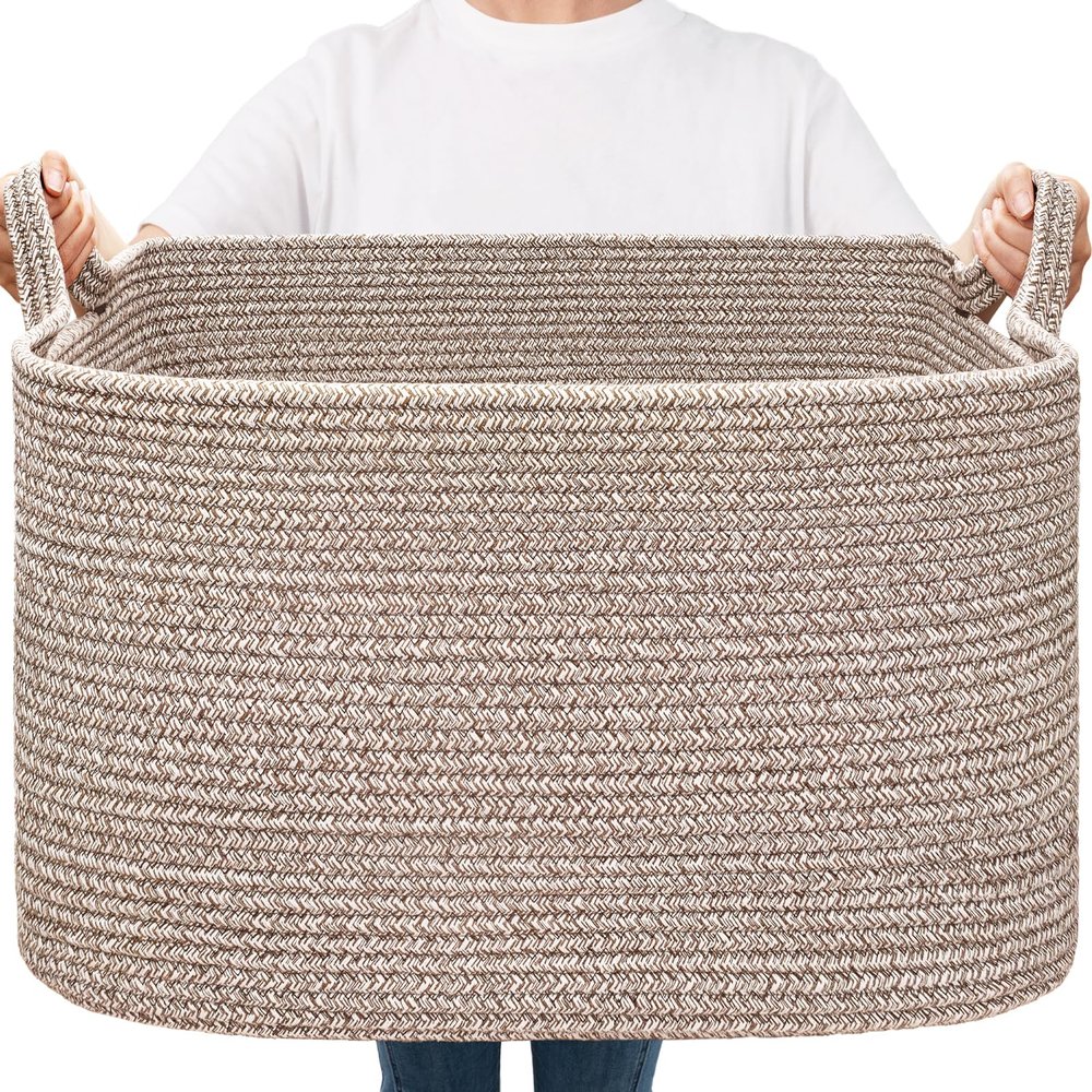 Goodpick Large Woven Storage Basket, 21.6" x 14.9" x 11.8" Blanket Basket for Living Room, Bedroom, Rectangle Rope Storage Organizer for Clothes, Toys, Brown