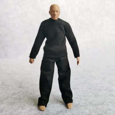 1:12 Scale Fabric T-Shirt + Pant for 6 inch 1/12 Man Thin Small Action Figure Clothes (Black Black)