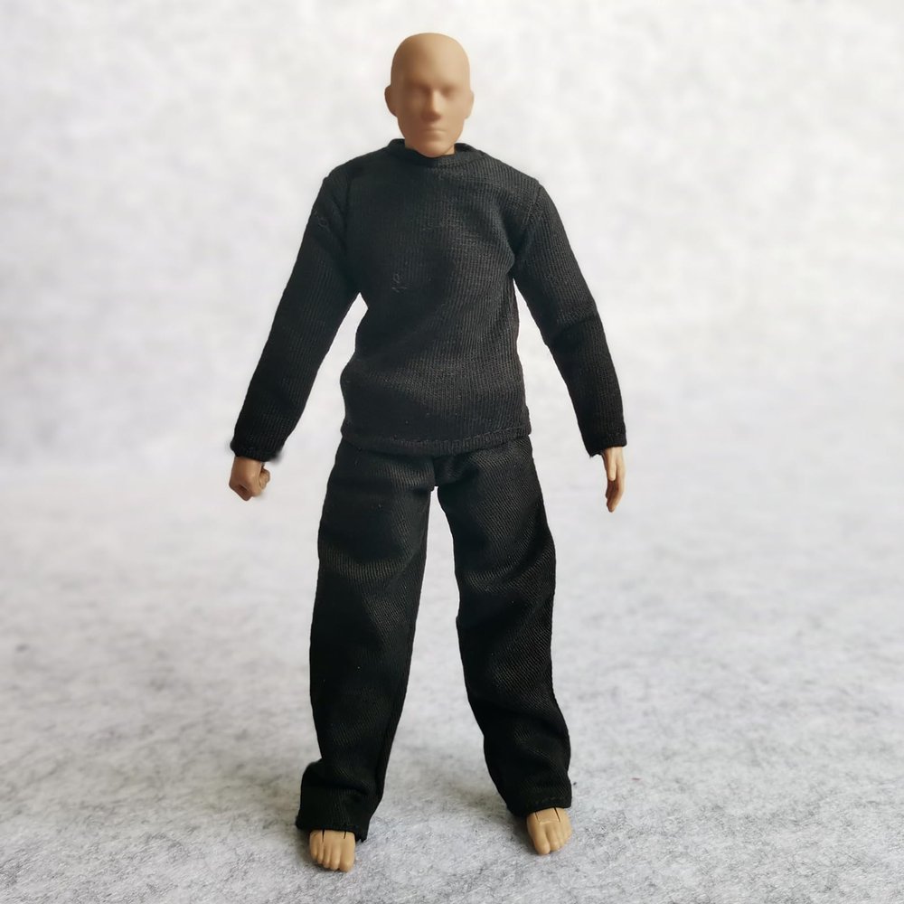 1:12 Scale Fabric T-Shirt + Pant for 6 inch 1/12 Man Thin Small Action Figure Clothes (Black Black)
