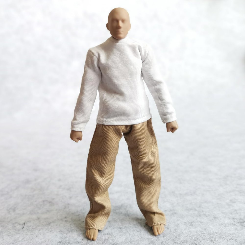 1:12 Scale Fabric T-Shirt + Pant for 6 inch 1/12 Man Thin Small Action Figure Clothes (White Khaki)