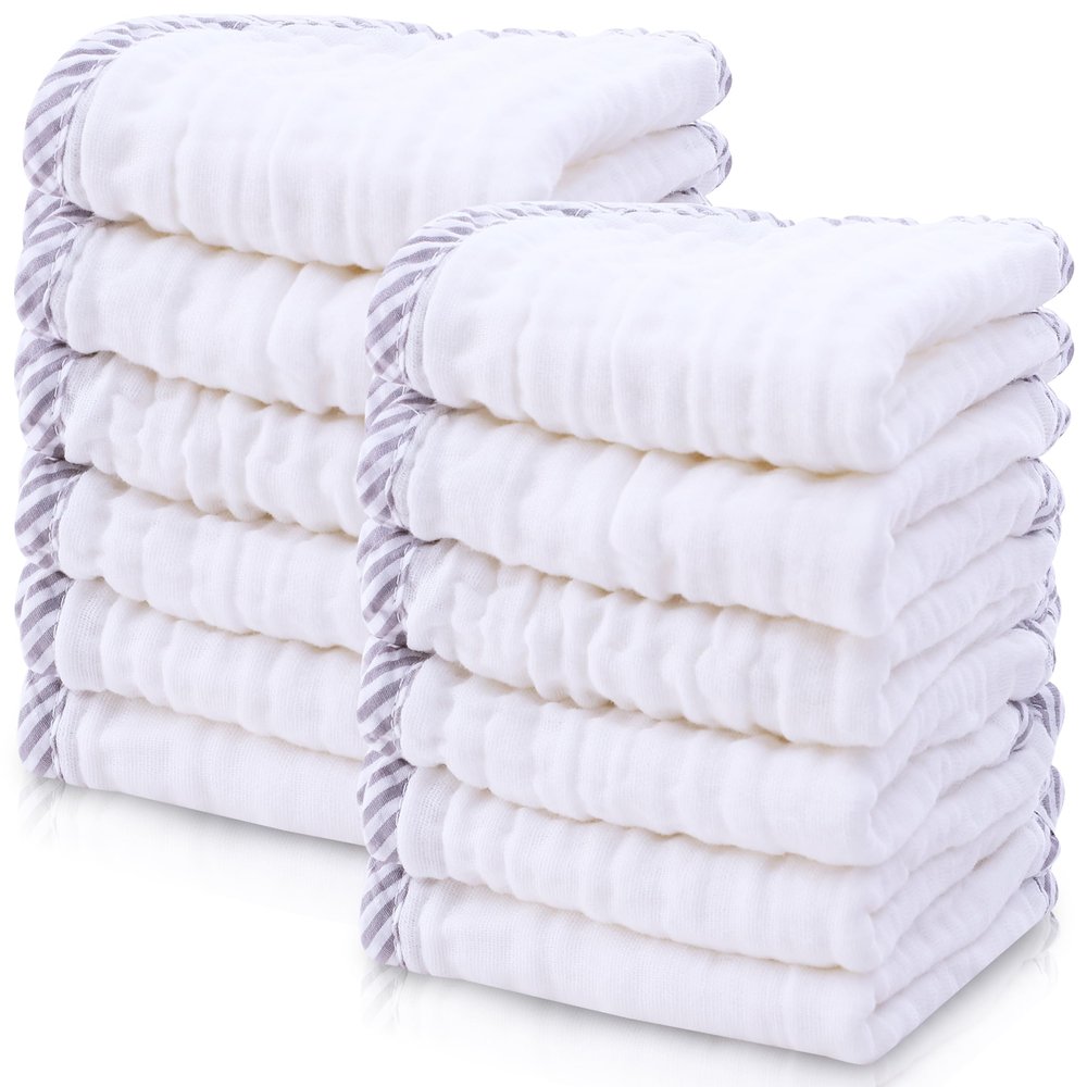 Cute Castle 12 Pack Muslin Baby Washcloths - Large 12'' by 12'' - Ultra Soft 100% Cotton - Super Absorbent Burp Cloths for Unisex, Boy, Girl -Stripe