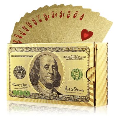 10 Decks - Gold Diamond Playing Cards - Durable and Waterproof, Perfect for Magic, Poker, Parties, and Special Occasions. ($100 Bill Theme)