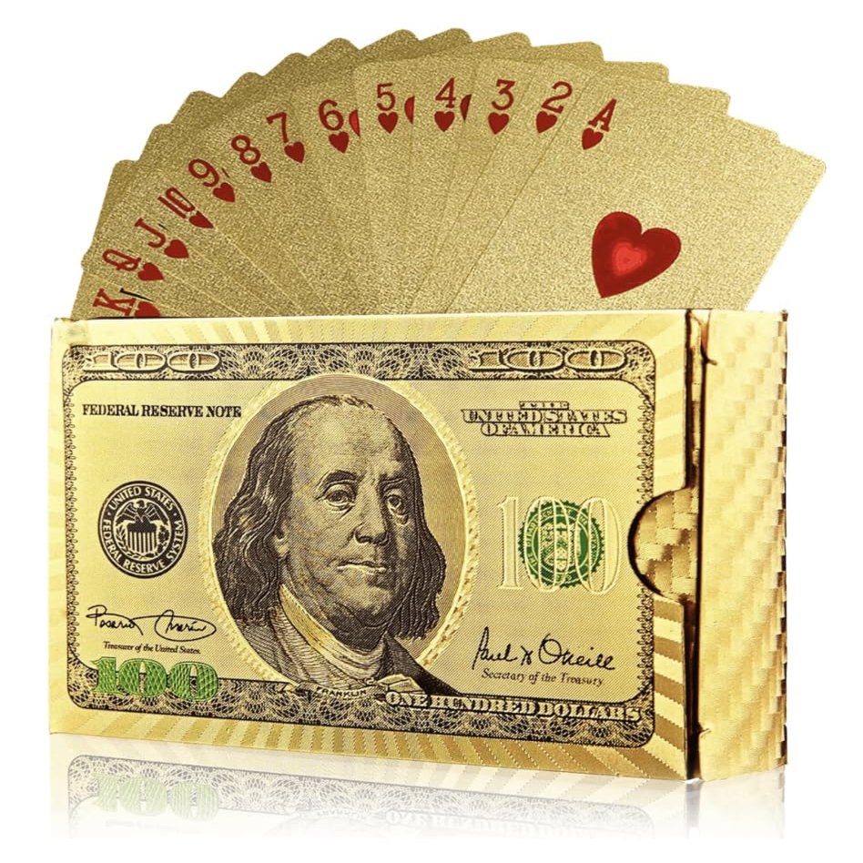 10 Decks - Gold Diamond Playing Cards - Durable and Waterproof, Perfect for Magic, Poker, Parties, and Special Occasions. ($100 Bill Theme)