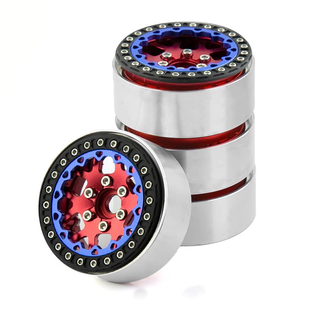 4PCS 1.9'' Beadlock Metal Wheel Rim Hub Hex 12MM RC Replacement Parts Universal for 1/10 AXIAL SCX10 TRAXXAS TRX4 RC Crawler Car, Type-B Red