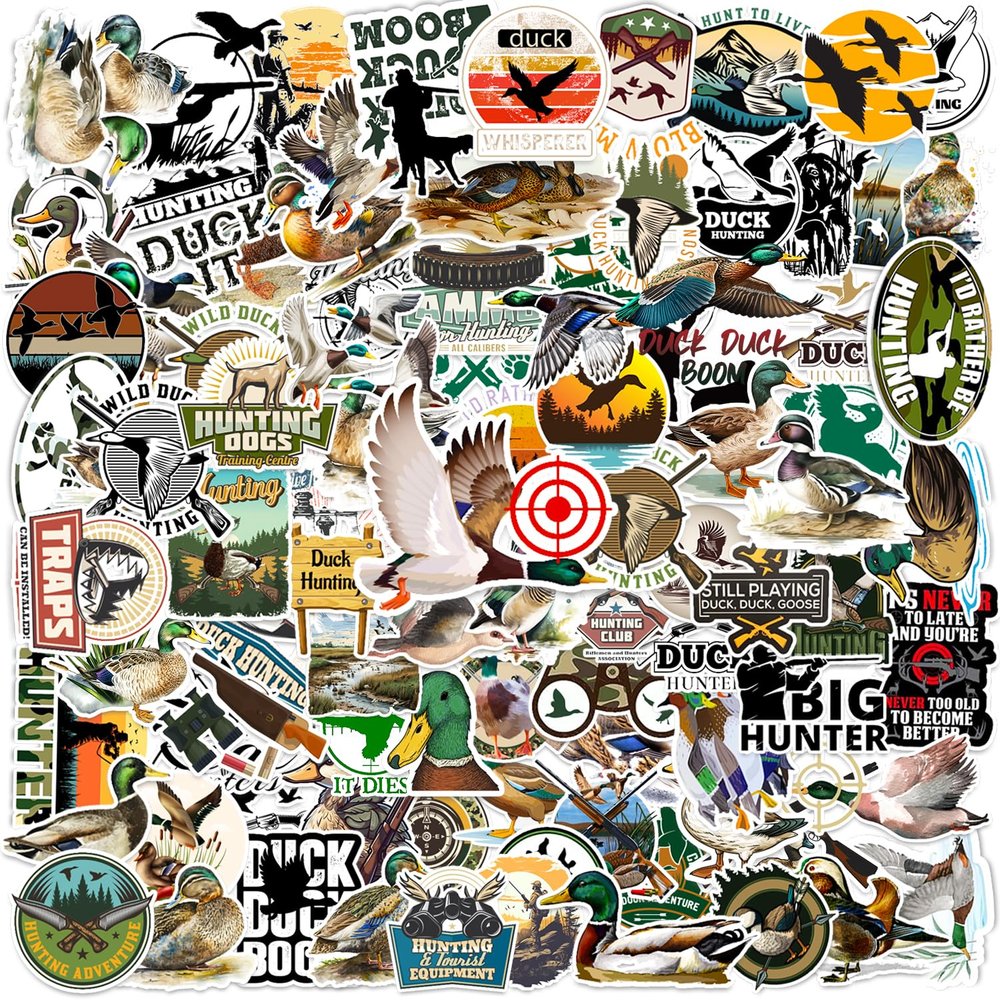 100Pcs Duck Hunting Stickers, Go Hunting Camo Adventure Vinyl Waterproof Sticker Decals for Water Bottle, Helmet, Laptop, Phone, Skateboard, Car, Bumper, Gifts for Hunting Birthday Party Supplies