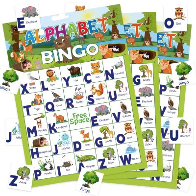 Leezead Alphabet Animal Bingo Game, 24 Players Animal Bingo Cards Letter Recognition Animals Themed Bingo Game Cards Jungle Safari Party Game for School Classroom Family Activities