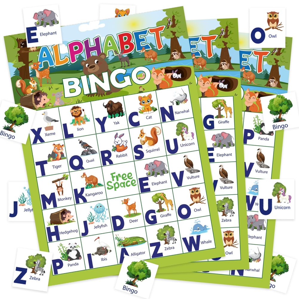 Leezead Alphabet Animal Bingo Game, 24 Players Animal Bingo Cards Letter Recognition Animals Themed Bingo Game Cards Jungle Safari Party Game for School Classroom Family Activities