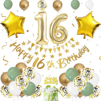 16th Birthday Decoration for Him Her, Sage Green White Gold 16th Birthday Balloons with Number 16 Balloons Happy 16th Birthday Banner Cake Toppers Triangle Flag for Men Women 16th Birthday Decorations