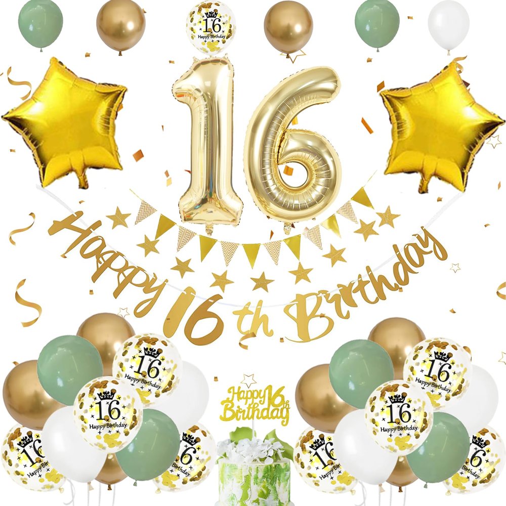 16th Birthday Decoration for Him Her, Sage Green White Gold 16th Birthday Balloons with Number 16 Balloons Happy 16th Birthday Banner Cake Toppers Triangle Flag for Men Women 16th Birthday Decorations