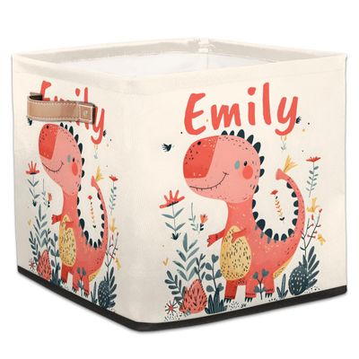 Foerrkelg Custom Name Cute Animals Storage Basket Personalized Foldable Storage Bin with Handle for Kids Boys Girls Toddlers Toys Dolls Clothes Family Home Nursery Dorm Bedroom,Cute Pink Dinosaur