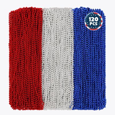 Huskein 120 PCS 4th of July Necklace, 33" Red Silver Blue Metallic Beaded Necklaces, Independence Day Party Accessories Patriotic Bead Necklace for Memorial Day Fourth of July Parades Party Supplies