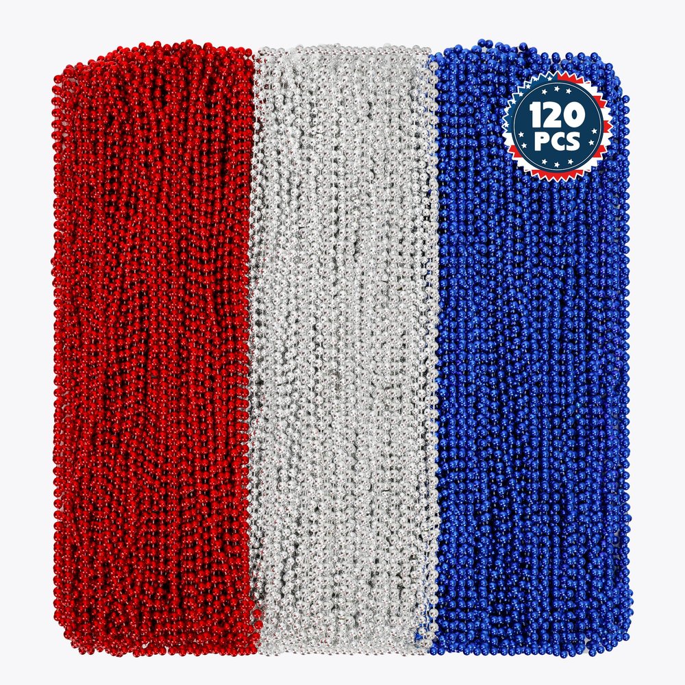 Huskein 120 PCS 4th of July Necklace, 33" Red Silver Blue Metallic Beaded Necklaces, Independence Day Party Accessories Patriotic Bead Necklace for Memorial Day Fourth of July Parades Party Supplies