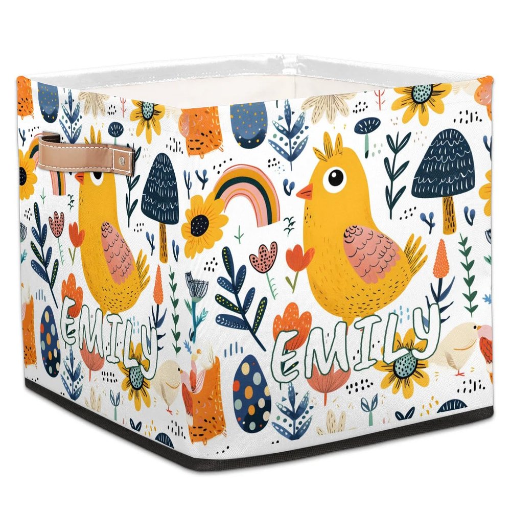 Foerrkelg Custom Name Cute Animals Storage Basket Personalized Foldable Storage Bin with Handle for Kids Boys Girls Toddlers Toys Dolls Clothes Family Home Nursery Dorm Bedroom,A Yellow Chick
