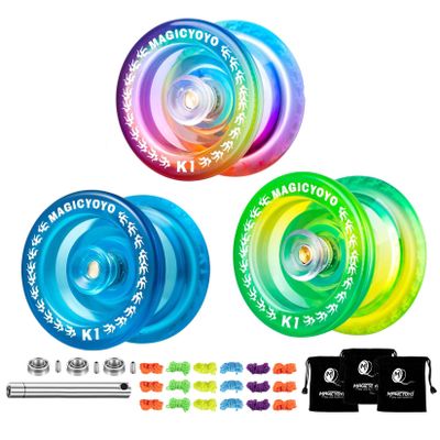 MAGICYOYO Pack of 3 Responsive Yoyos K1 Tug Return Hubstacks Yo-yo for Kids Beginners Dual Purpose with Unresponsive Bearings Kit + 3 Bags+18 Yoyo Strings(Crystal Blue +Green Yellow +Blue Pink Yellow)
