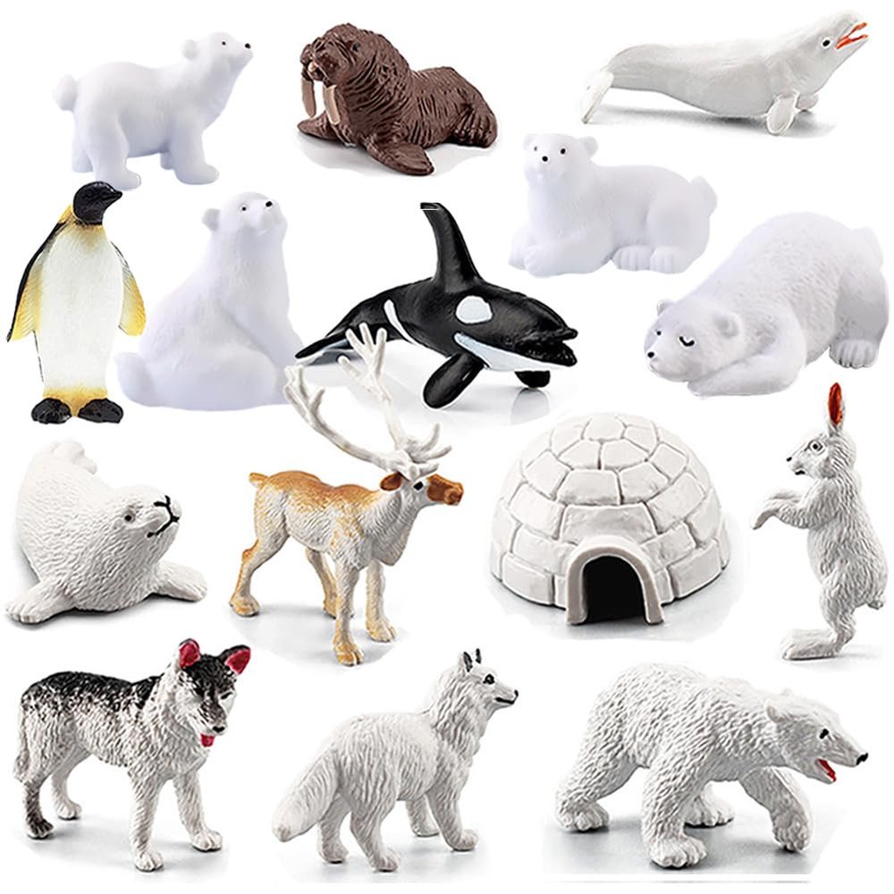 BLAPNK 15 Pcs Mini Polar Animal Figurines Model Realistic Glowing Igloo Plastic Bear Animal Figure Playset Miniature Arctic Sea Figurines Cake Toppers for Birthday