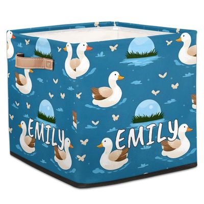 Foerrkelg Custom Name Cute Animals Storage Basket Personalized Foldable Storage Bin with Handle for Kids Boys Girls Toddlers Toys Dolls Clothes Family Home Nursery Dorm Bedroom,Swimming Ducks