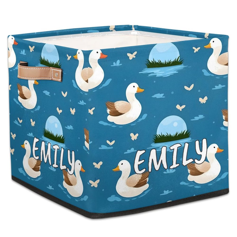 Foerrkelg Custom Name Cute Animals Storage Basket Personalized Foldable Storage Bin with Handle for Kids Boys Girls Toddlers Toys Dolls Clothes Family Home Nursery Dorm Bedroom,Swimming Ducks