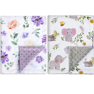 2 Pack Baby Blanket Super Soft Double Layer Minky with Dotted Backing for Girls, Receiving Blanket with Elegant Purple Floral Printed Blanket