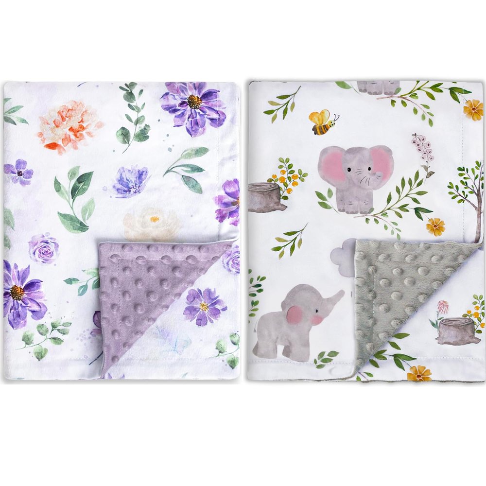 2 Pack Baby Blanket Super Soft Double Layer Minky with Dotted Backing for Girls, Receiving Blanket with Elegant Purple Floral Printed Blanket
