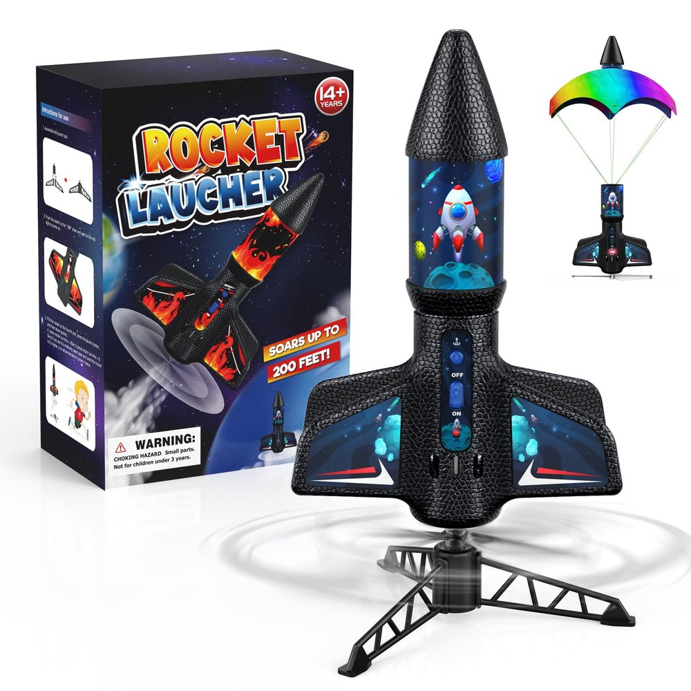 Rocket Launcher for Kids with Launch Set Up to 200 Ft Air Model Rocket Toy with Parachute, Space Ship Outdoor Toys for Ages 8-13 Boy Birthday Gift Birthday Gift for Kids