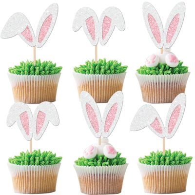 24 Pack Bunny Ears Cupcake Toppers Glitter Easter Rabbit Happy Birthday Cupcake Picks Happy Easter Baby Shower Birthday Bunny Easter Cupake Decorations Party Supplies
