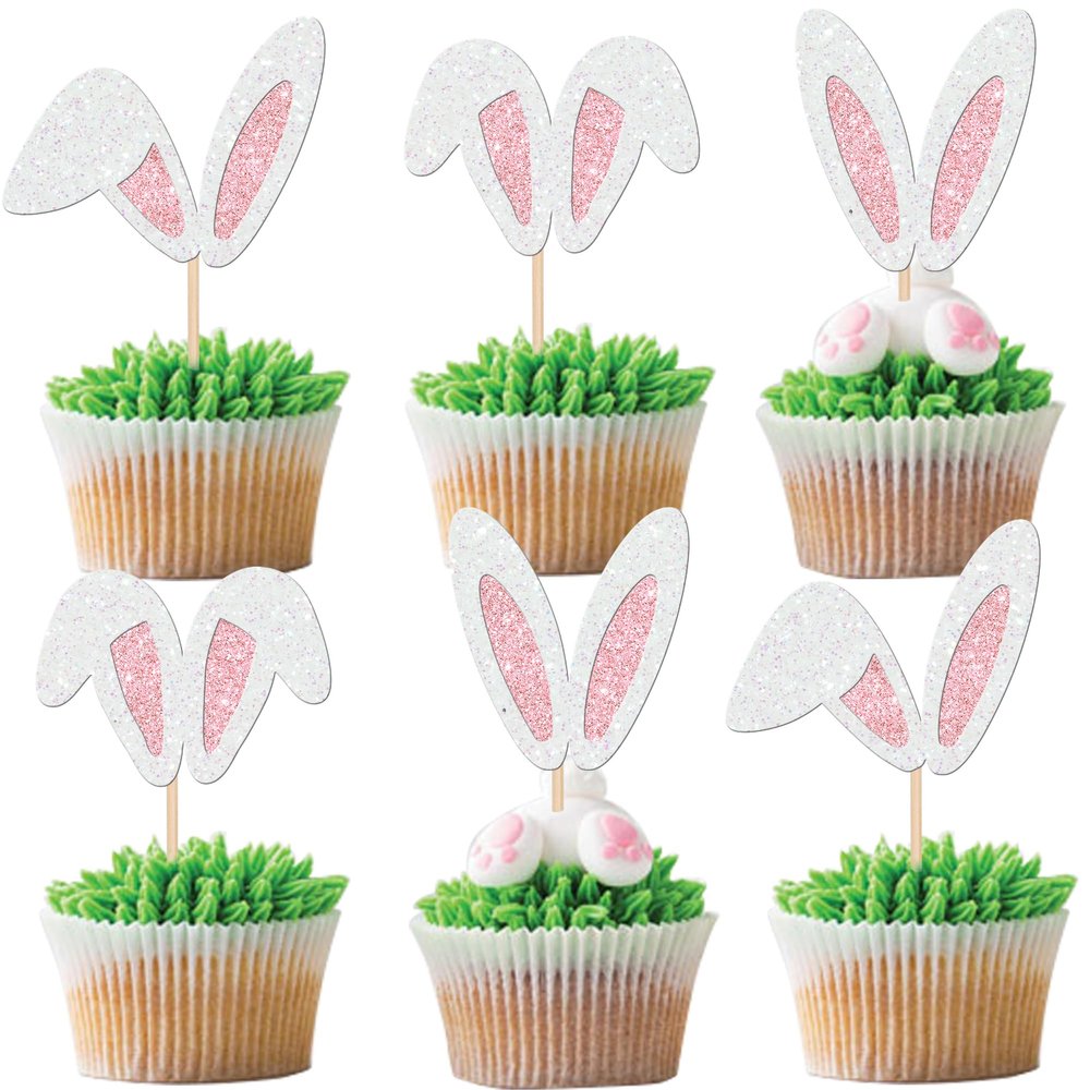 24 Pack Bunny Ears Cupcake Toppers Glitter Easter Rabbit Happy Birthday Cupcake Picks Happy Easter Baby Shower Birthday Bunny Easter Cupake Decorations Party Supplies
