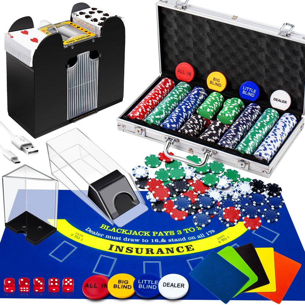 Aoriher Blackjack Casino Game Set, Include 300 Poker Chips, Casino Felt 1 Automatic Card Shuffler 6 Deck Dealer Shoe Discard Holder Tray Aluminum Case for Texas Holdem Blackjack Poker(Blue)