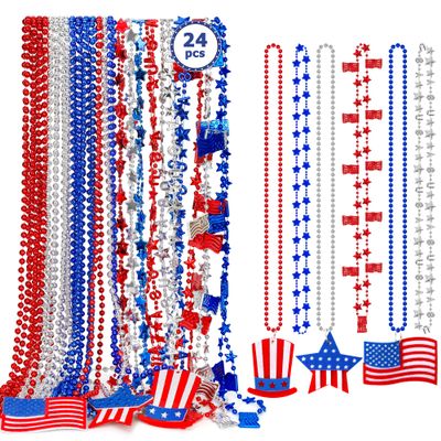 EOBOH 4th of July Necklace Accessories, 24PCS Independence Day Beads Necklaces Bulk, 15 Kinds Fourth of July Red Blue White Stars USA Flags Necklace, Patriotic Bulk for Parade Party Favors Decor