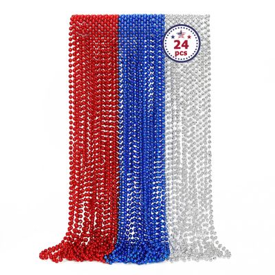 4th of July Necklace Decorations, 24PCS Veterans Day Beads Party Favors Bulk, Veterans Day Red Blue Silver Necklace, Independence Day Bead Bulk for Patriotic Parade Party Celebration Favors Decor