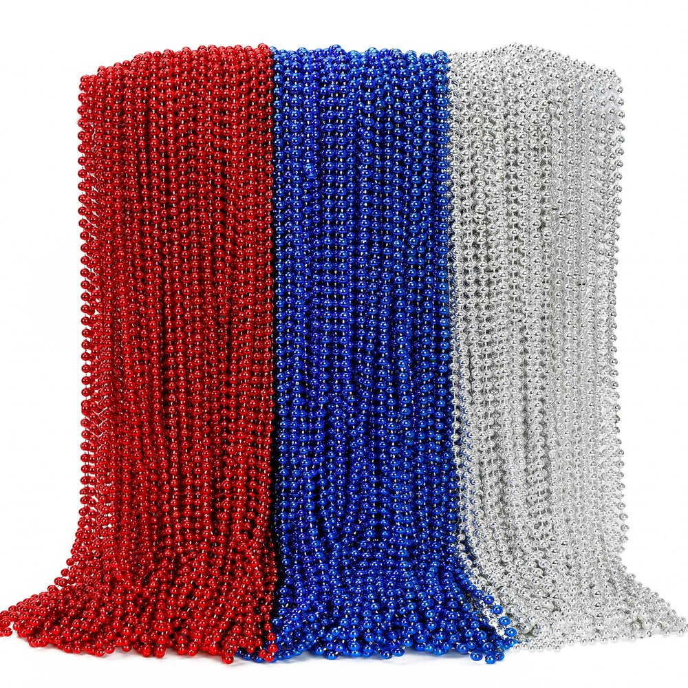 100PCS 4th of July Accessories, Veterans Day Beads Necklace Bulk, Fourth of July Red Blue Silver Necklace Party Favors, Beads for Veterans Day Patriotic Parade Party Celebration Favors Decorations