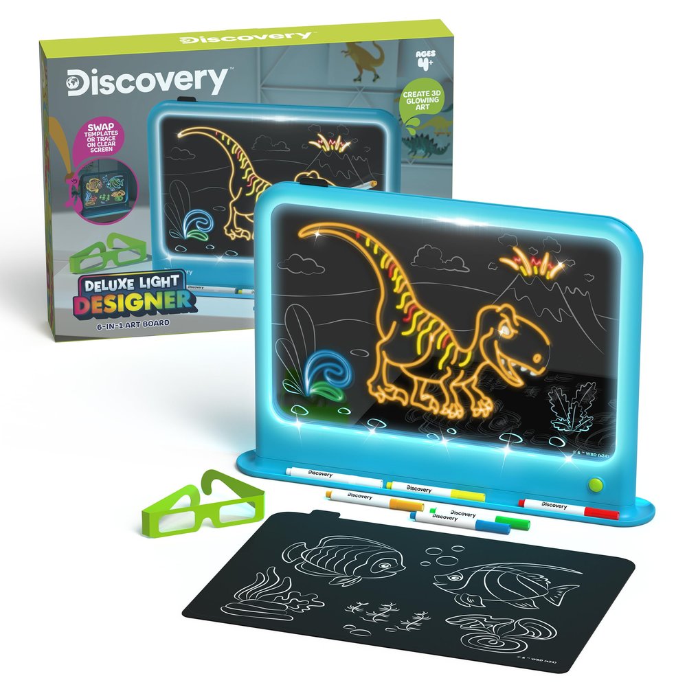 Discovery Deluxe Light Designer 6-In-1 Art Board Includes 3D Glasses, 6 Washable Markers, Templates, 12 Light Modes| Kids Drawing Tablet, LED Scribble Doodle Electronic Drawing Pad Activity Toy Set